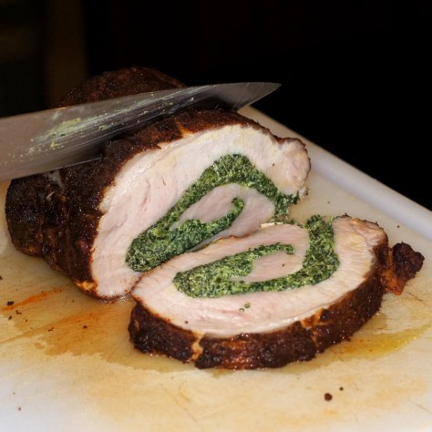 Berbere Seasoned Pork Loin Roulade Stuffed with Spinach & Goat Cheese